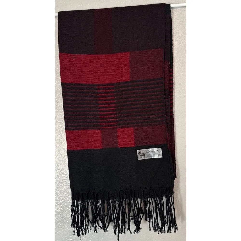 100% Pashmina Scarf Luxury Red Black Buffalo‎ Plaid Blanket Wrap Shawl Fringed